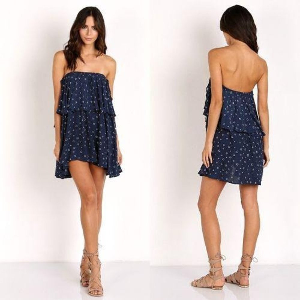 Faithfull the Brand Madrid Strapless Micro Mini Dress Blue Black Dot